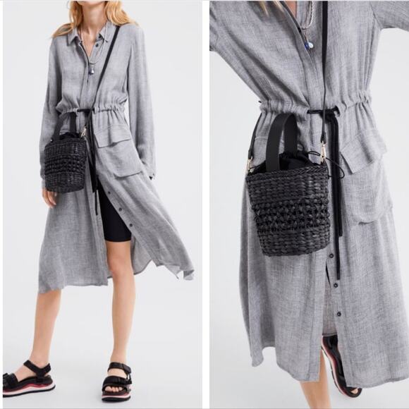 Zara Dresses & Skirts - Zara Belted Shirt Dress Button Up Pocket Midi Gray Lightweight Boho Women Medium